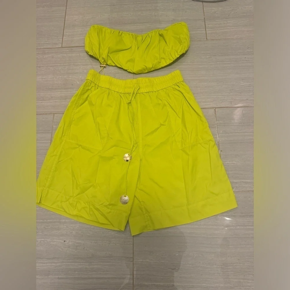 Staud- Lime Elastic Waist Jeter Short and Matching Gigi Strapless Crop Top Set